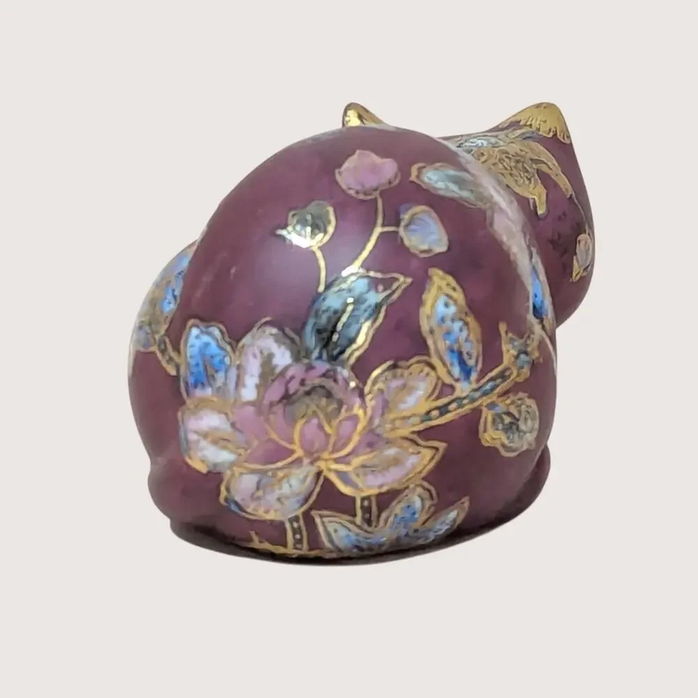 1980s FF Fine Florals Ceramic Cat Figurine Chinoiserie Style
